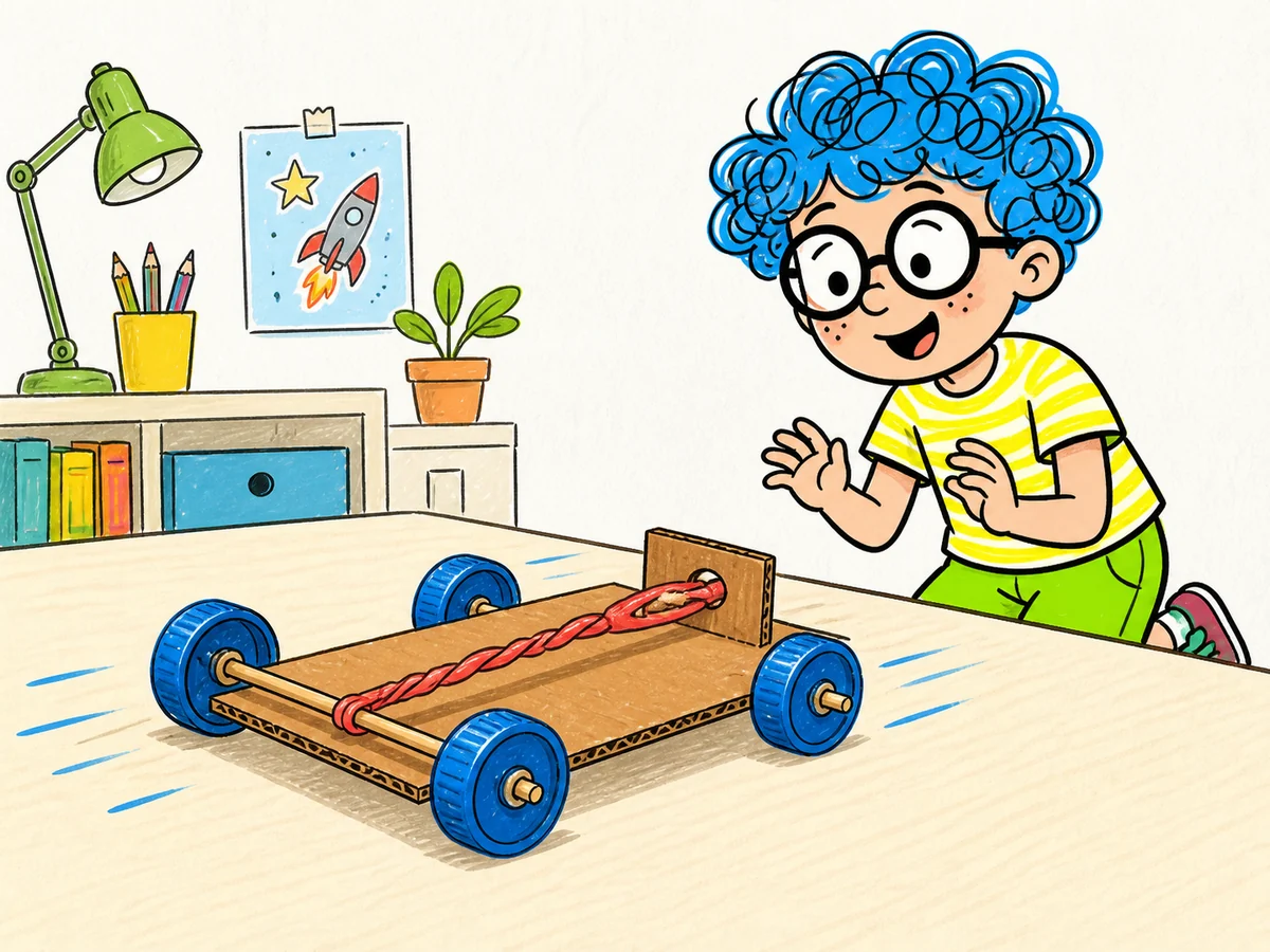 Tommaso watches a cardboard car powered by a twisted rubber band