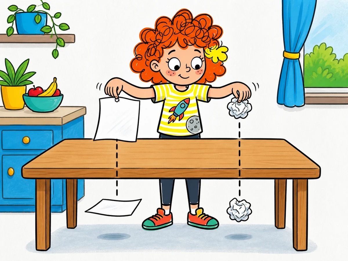 Mia compares a flat sheet of paper with the same paper crumpled into a ball